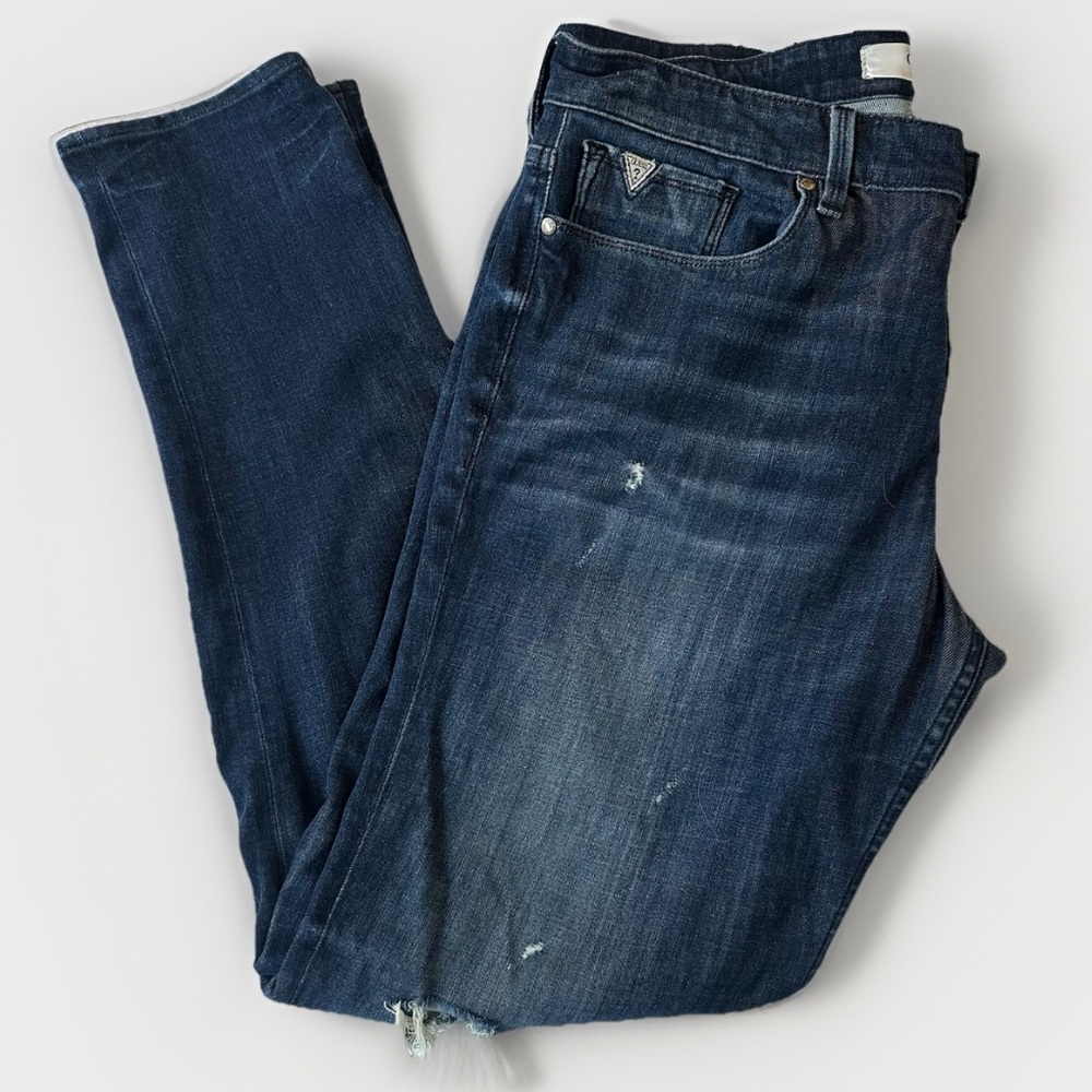 GUESS Los Angeles Slim Tapered Jeans Dark Distressed Denim Men’s Size 36x32